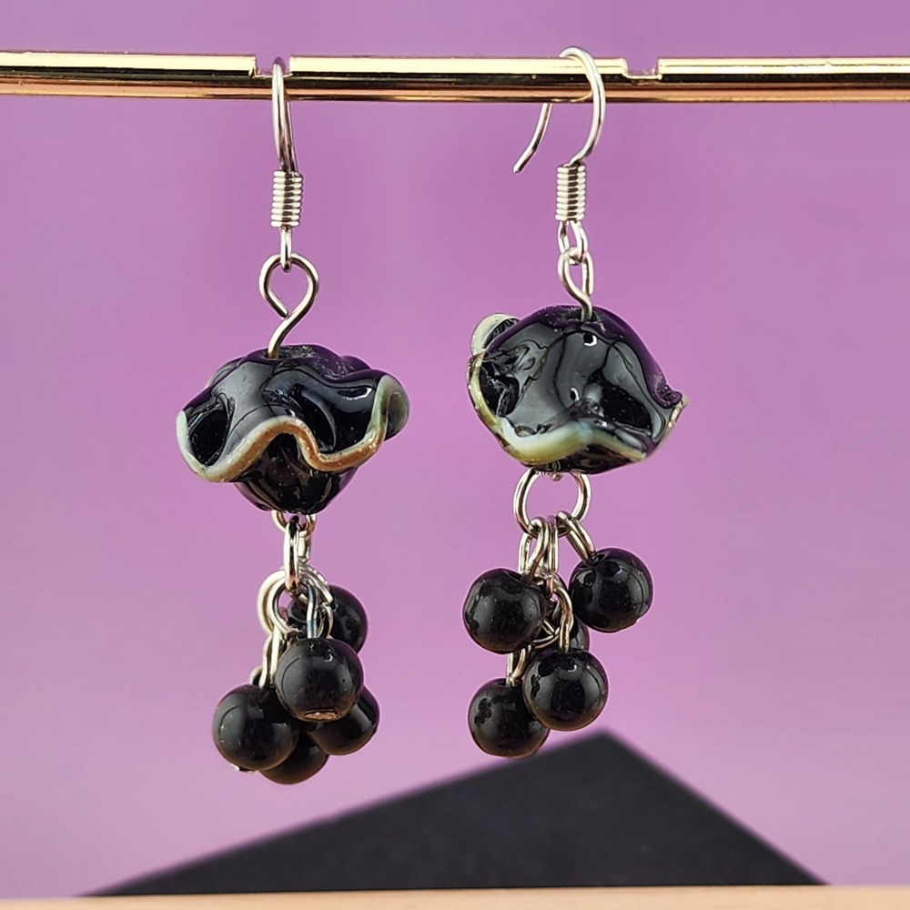 Black Cream Wavy Glass Bead Drop Earrings Ruffled Lampwork Style Boho Dangle